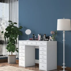 Toeletta Bianco Trasparente Specchio Incluso 13 Cassetti 120x45x82h cm, Colore Struttura Trasparente - Tirolo