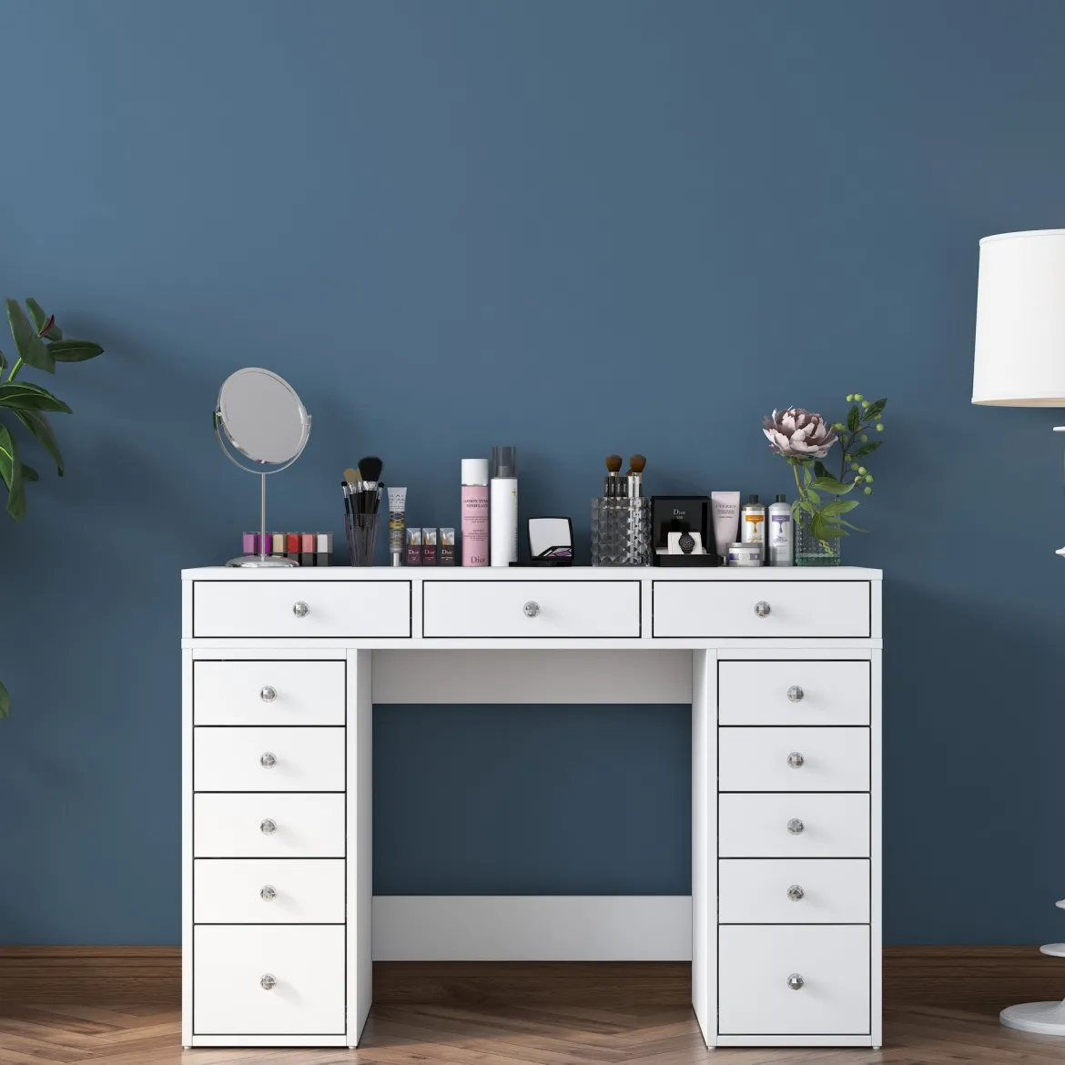 Toeletta Bianco Trasparente Specchio Incluso 13 Cassetti 120x45x82h cm, Colore Struttura Trasparente - Tirolo