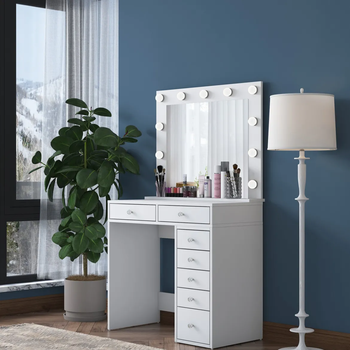 Toeletta Bianco Trasparente Specchio Incluso 7 Cassetti 90x45x82h cm, Colore Struttura Trasparente - Rivello