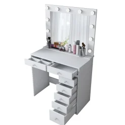 Toeletta Bianco Trasparente Specchio Incluso 7 Cassetti 90x45x153h cm, Luci Incluse - Cocchiara