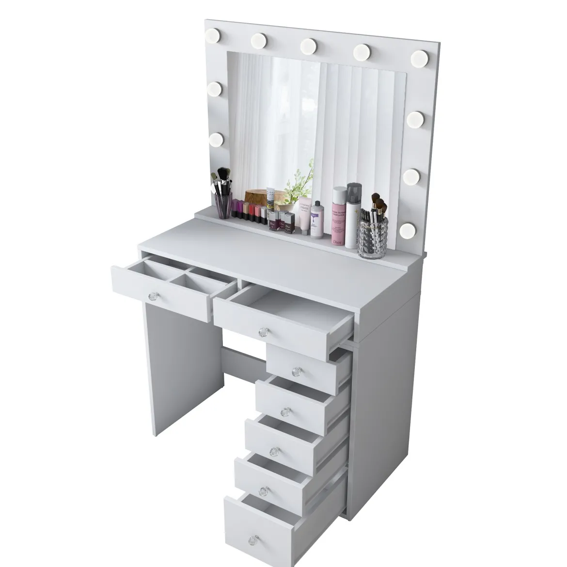 Toeletta Bianco Trasparente Specchio Incluso 7 Cassetti 90x45x82h cm, Colore Struttura Trasparente - Rivello