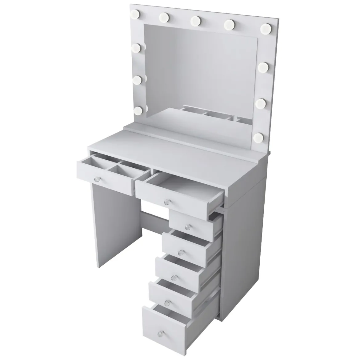 Toeletta Bianco Trasparente Specchio Incluso 7 Cassetti 90x45x153h cm, Luci Incluse - Cocchiara
