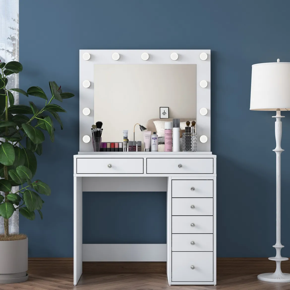 Toeletta Bianco Trasparente Specchio Incluso 7 Cassetti 90x45x82h cm, Colore Struttura Trasparente - Rivello