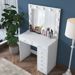 Toeletta Bianco Trasparente Specchio Incluso 7 Cassetti 90x45x82h cm, Colore Struttura Trasparente - Rivello