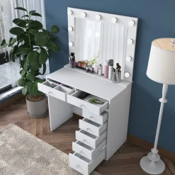 Toeletta Bianco Trasparente Specchio Incluso 7 Cassetti 90x45x82h cm, Colore Struttura Trasparente - Rivello