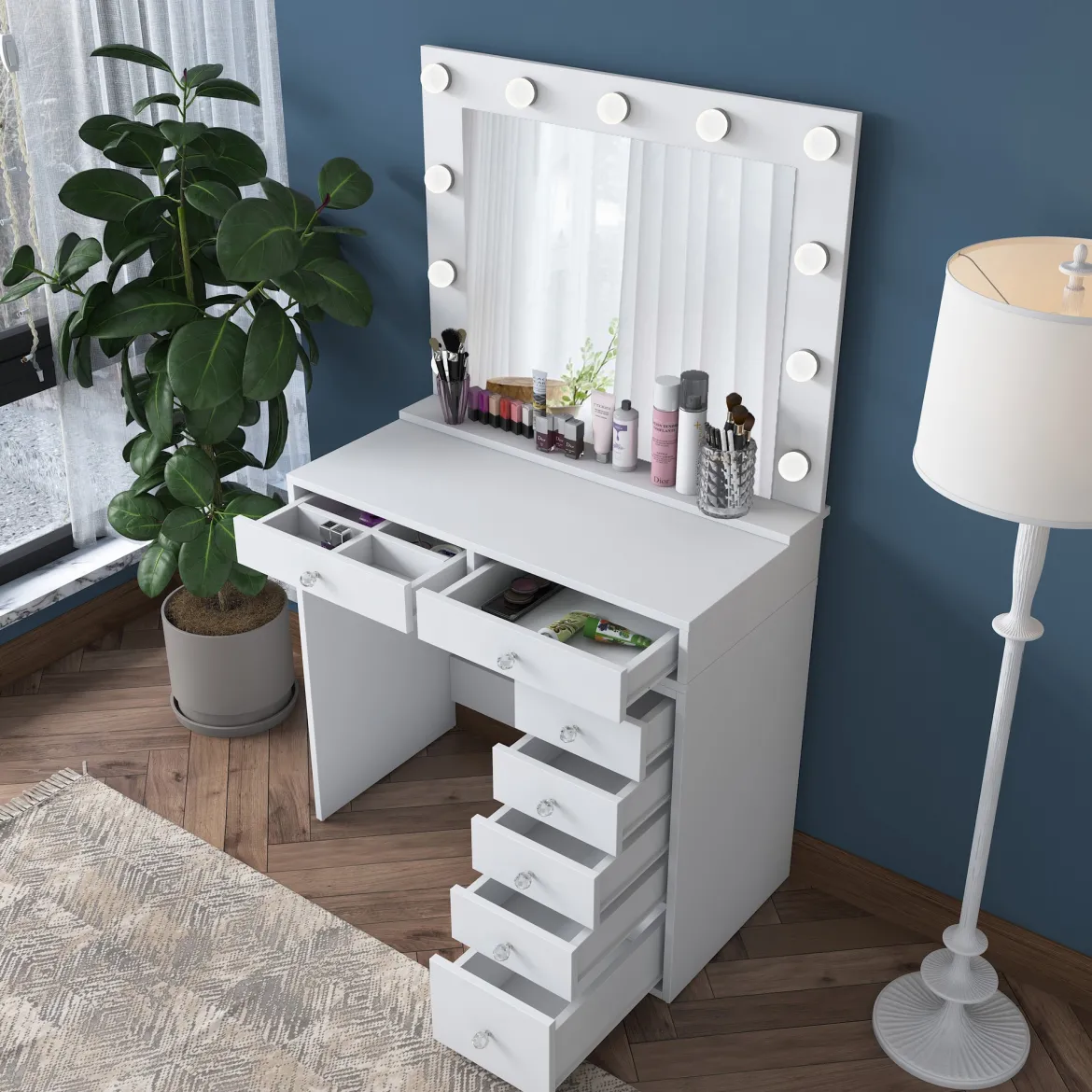 Toeletta Bianco Trasparente Specchio Incluso 7 Cassetti 90x45x82h cm, Colore Struttura Trasparente - Rivello