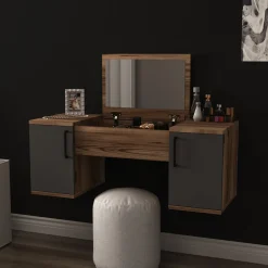 Toeletta Marrone Noce Nero Antracite Specchio Incluso 3 Ante 100x36x74h cm, Colore Ripiano Marrone - Ruviano