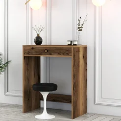 Toeletta Marrone Noce Specchio Incluso un Cassetto 70x85x40h cm, Materiale Piano in Legno Nobilitato - Carde