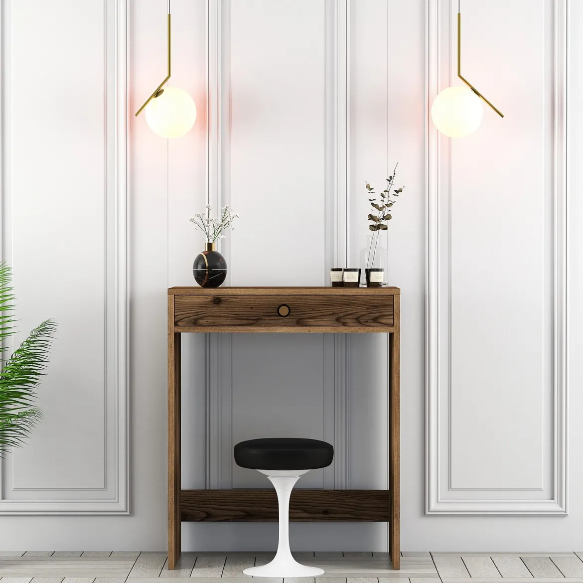 Toeletta Marrone Noce Specchio Incluso un Cassetto 70x85x40h cm, Materiale Piano in Legno Nobilitato - Carde