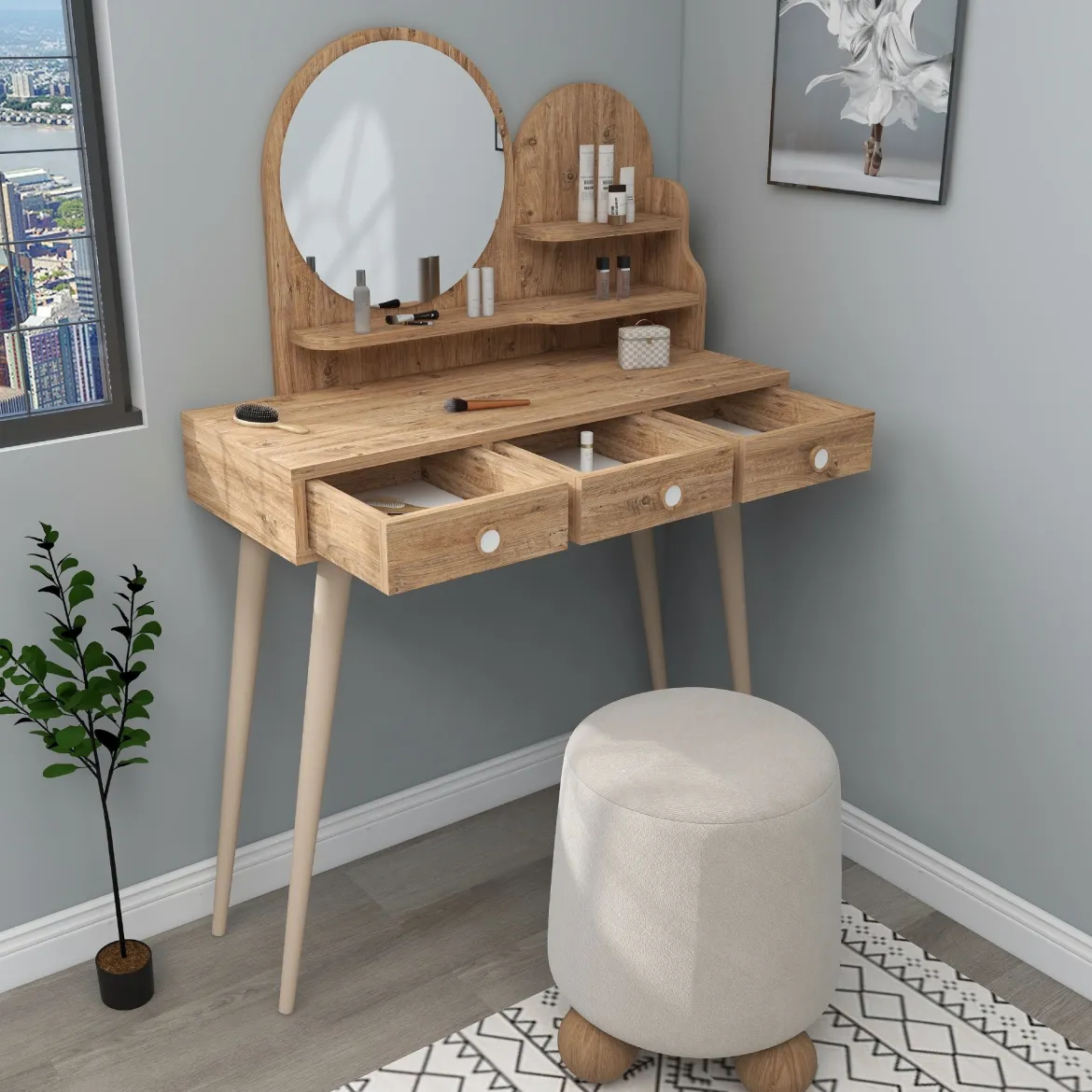 Toeletta Marrone Rovere Marrone Beige Specchio Incluso 3 Cassetti 74x35x131h cm, Colore Ripiano Marrone - Larino