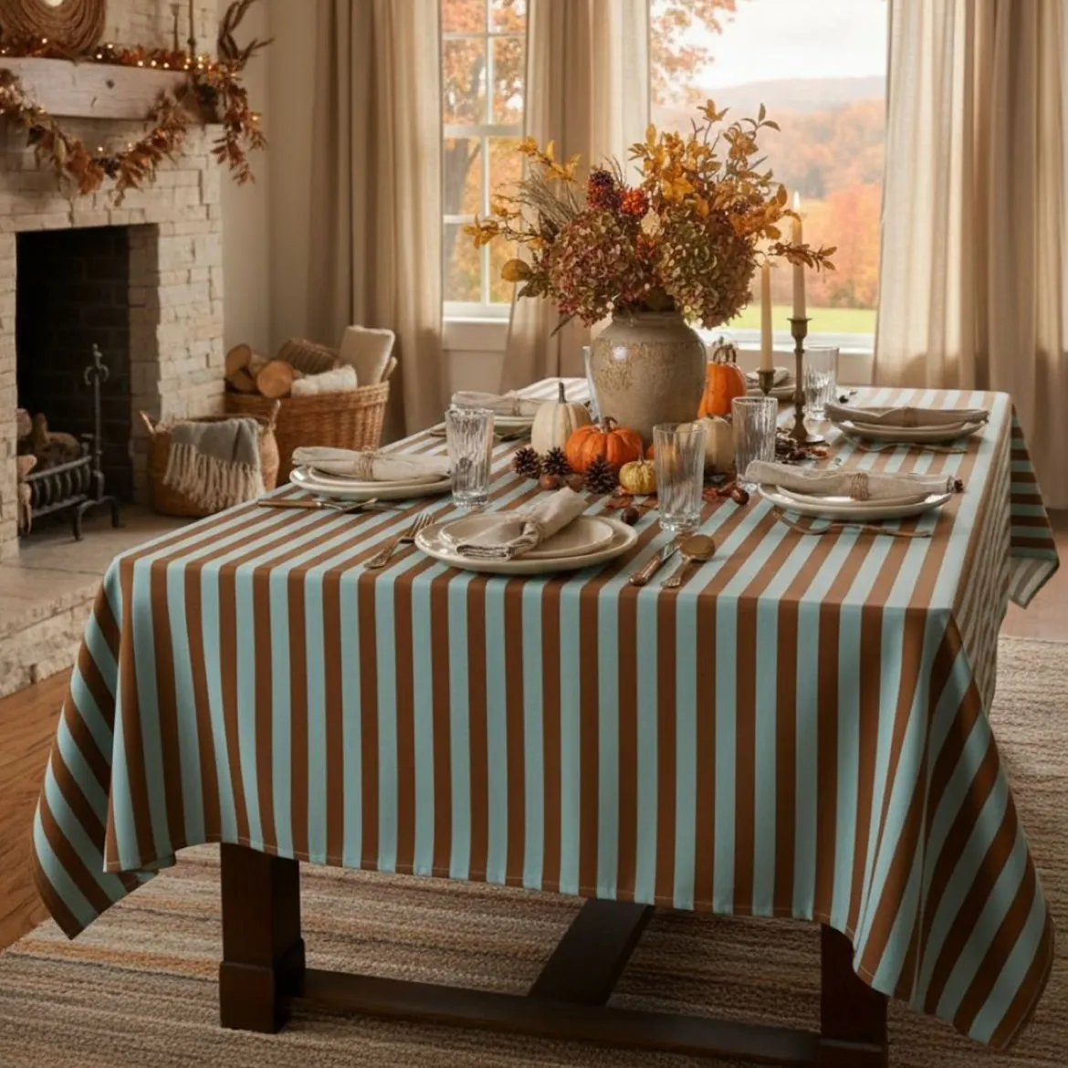 Tovaglia rettangolare no stiro 270x140 cm, beige e rosso scuro - Equilibrista - By Sarah Balivo