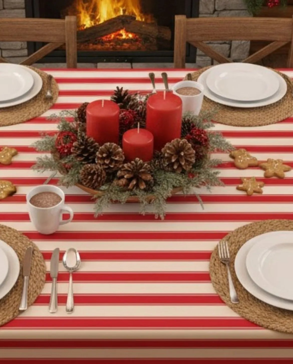 Tovaglia rettangolare no stiro 270x140 cm, beige e rosso scuro - Equilibrista - By Sarah Balivo