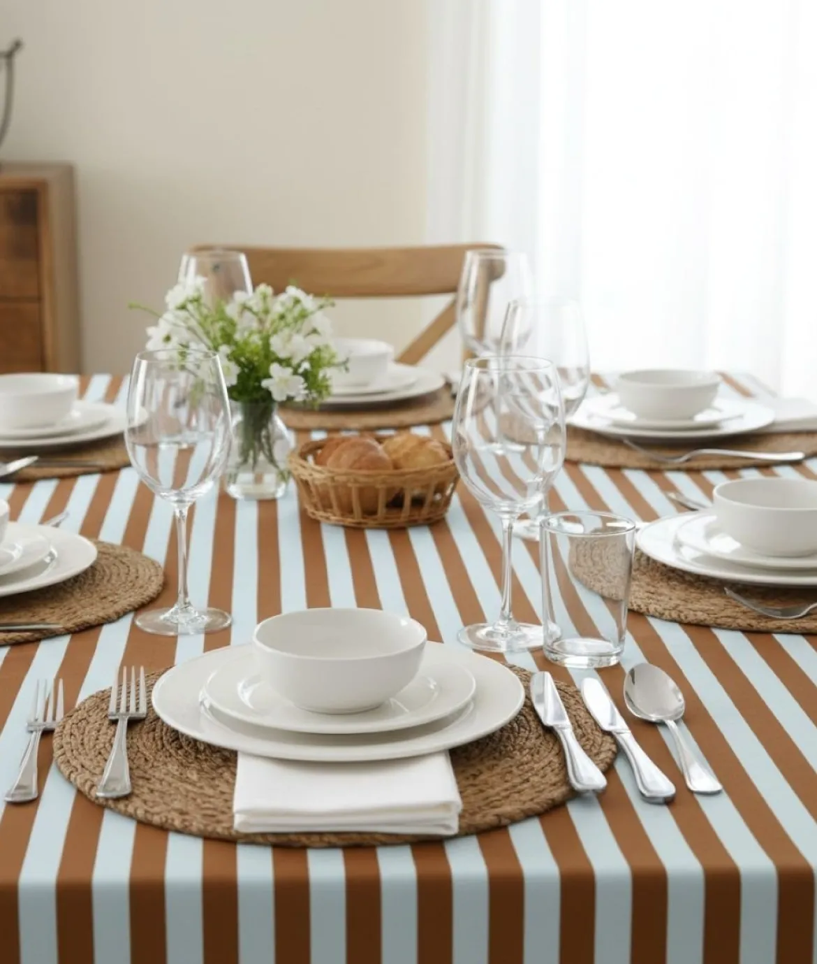 Tovaglia rettangolare no stiro 360x140 cm, beige e rosso scuro - Equilibrista - By Sarah Balivo