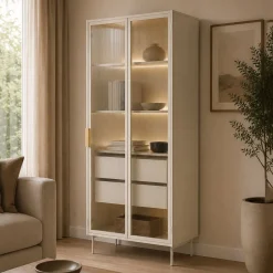 Vetrina Beige Cashmere Trasparente 4 Ripiani 2 Cassetti 92x39x195h cm, 2 Ante - Lafafasa