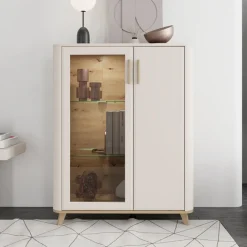 Vetrina Beige Marrone Rovere Nodi 4 Ripiani Apertura Battente 90x40x116.5h cm, 2 Ante - Castella