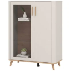 Vetrina Beige Marrone Rovere Nodi 4 Ripiani Apertura Battente 90x40x116.5h cm, 2 Ante - Castella