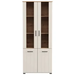 Vetrina Bianco Crema Marrone Rovere Nodi 4 Ripiani 2 Ante 79x36x191h cm, con Piedini, Anta Dettaglio Vetro - Tadas