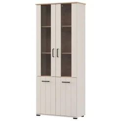 Vetrina Bianco Crema Marrone Rovere Nodi 4 Ripiani 2 Ante 79x36x191h cm, con Piedini, Anta Dettaglio Vetro - Tadas