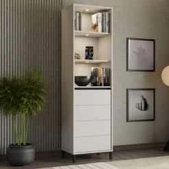 Vetrina Bianco Crema Nero 4 Ripiani Apertura Battente 55x40x193h cm, Un'anta - Calto
