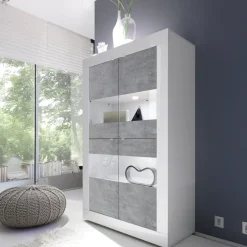 Vetrina Bianco Lucido Grigio Cemento 3 Ripiani 2 Ante 101.4x42x161.2h cm, Apertura con Maniglia - Suzzara