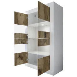 Vetrina Bianco Lucido Marrone Pero 2 Ante Colore Struttura Marrone 101.4x42x161.2h cm, Colore Ripiano Bianco - Suzzara
