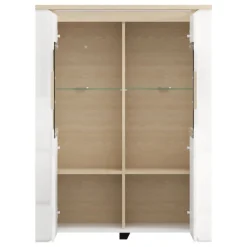 Vetrina Bianco Opaco Marrone Rovere 2 Ripiani 2 Ante 96x35x130h cm, Anta e Ripiani Dettaglio Vetro - Erto