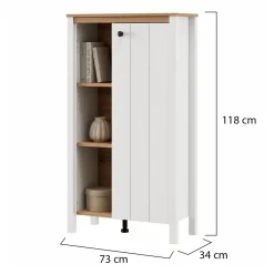 Vetrina Bianco Opaco Marrone Rovere Nodi 4 Ripiani Un'anta 73x34x118h cm, con Piedini - Galdo