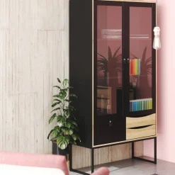 Vetrina Fabiola, Credenza espositiva, Vetrinetta multiuso, Madia da soggiorno, 40x99 h189 cm, Nero e Quercia