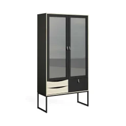 Vetrina Fabiola, Credenza espositiva, Vetrinetta multiuso, Madia da soggiorno, 40x99 h189 cm, Nero e Quercia