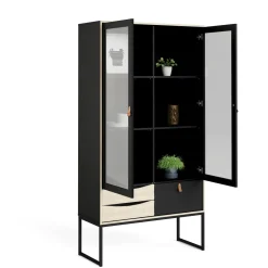 Vetrina Fabiola, Credenza espositiva, Vetrinetta multiuso, Madia da soggiorno, 40x99 h189 cm, Nero e Quercia