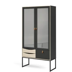 Vetrina Fabiola, Credenza espositiva, Vetrinetta multiuso, Madia da soggiorno, 40x99 h189 cm, Nero e Quercia