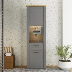 Vetrina Grigio Marrone Rovere Nodi 4 Ripiani Apertura Battente 60.5x41x194.5h cm, 2 Ante - Piscinas