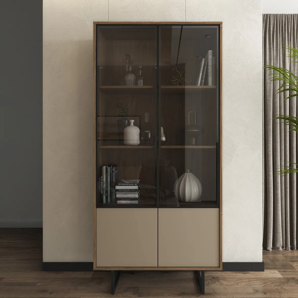 Vetrina Marrone Noce Beige 3 Ripiani 2 Ante 190x40x90h cm, Anta Dettaglio Vetro - Agro