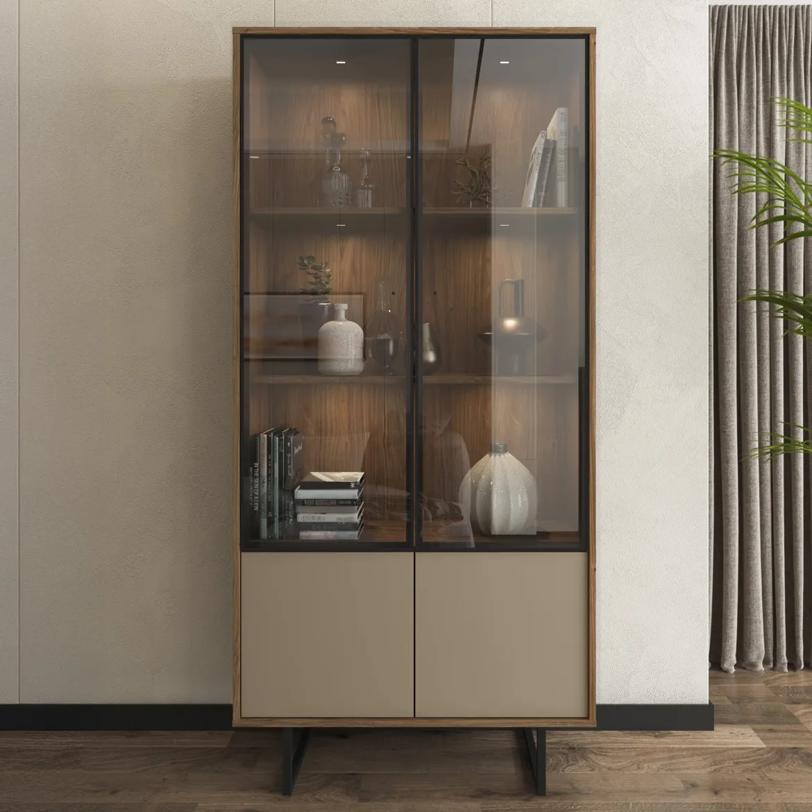 Vetrina Marrone Noce Beige 3 Ripiani 2 Ante 190x40x90h cm, Anta Dettaglio Vetro, con Luci led - Agro
