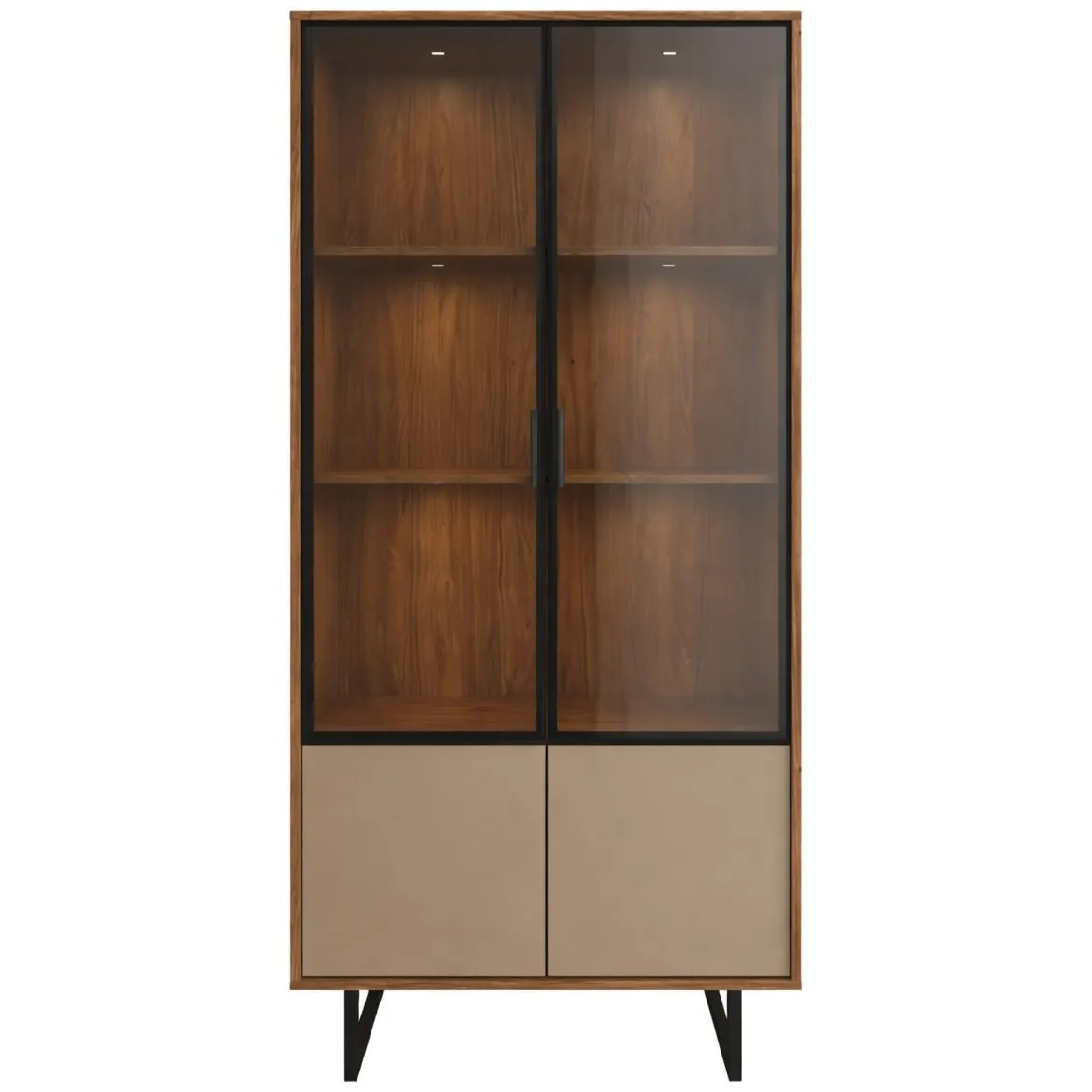 Vetrina Marrone Noce Beige 3 Ripiani 2 Ante 190x40x90h cm, Anta Dettaglio Vetro, con Luci led - Agro
