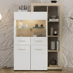 Vetrina Marrone Rovere Bianco Opaco 3 Ripiani 4 Ante 113x35x157h cm, con Piedini, Anta e Ripiano Dettaglio Vetro - Niel
