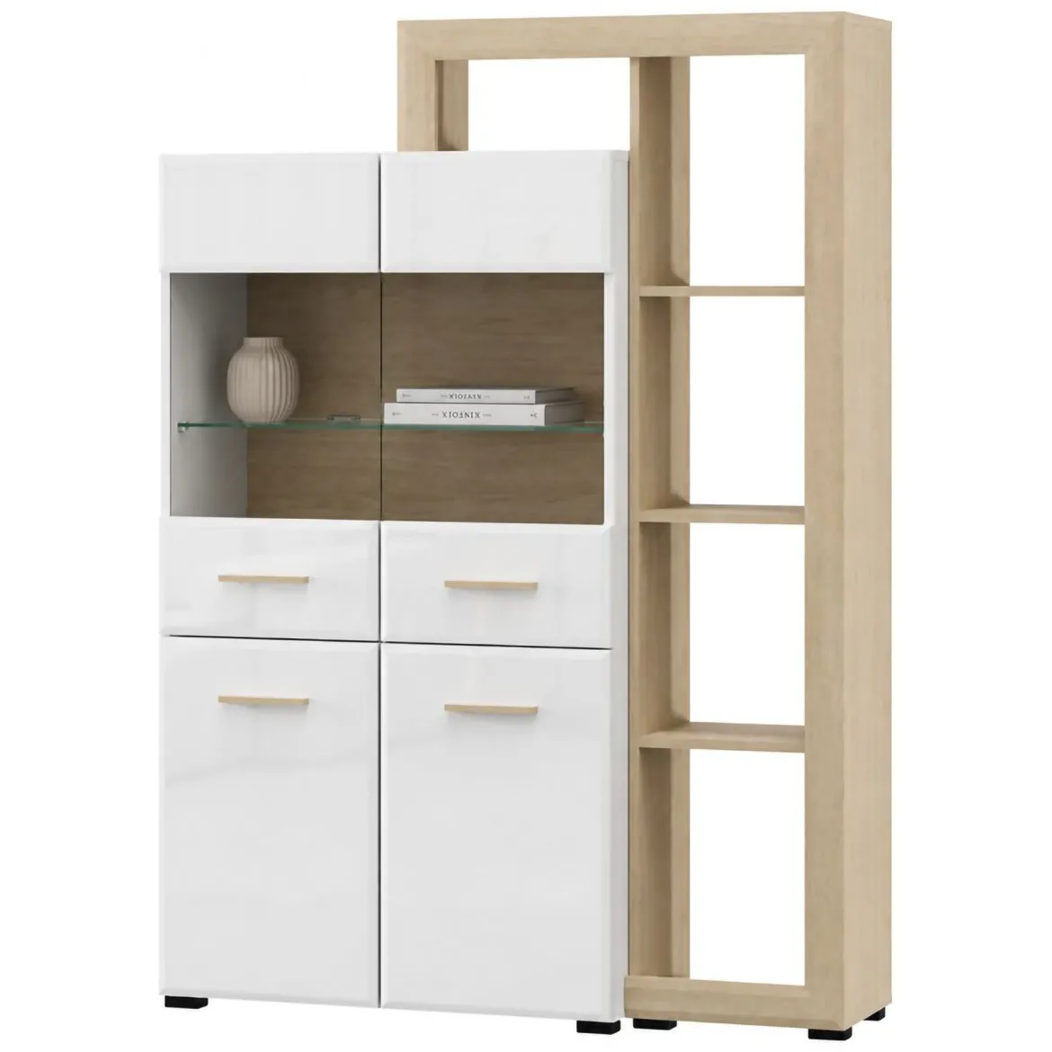 Vetrina Marrone Rovere Bianco Opaco 3 Ripiani 4 Ante 113x35x157h cm, con Piedini, Anta e Ripiano Dettaglio Vetro - Niel