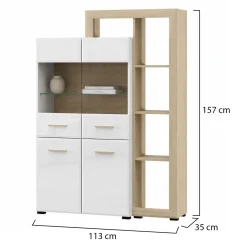 Vetrina Marrone Rovere Bianco Opaco 3 Ripiani 4 Ante 113x35x157h cm, con Piedini, Anta e Ripiano Dettaglio Vetro - Niel