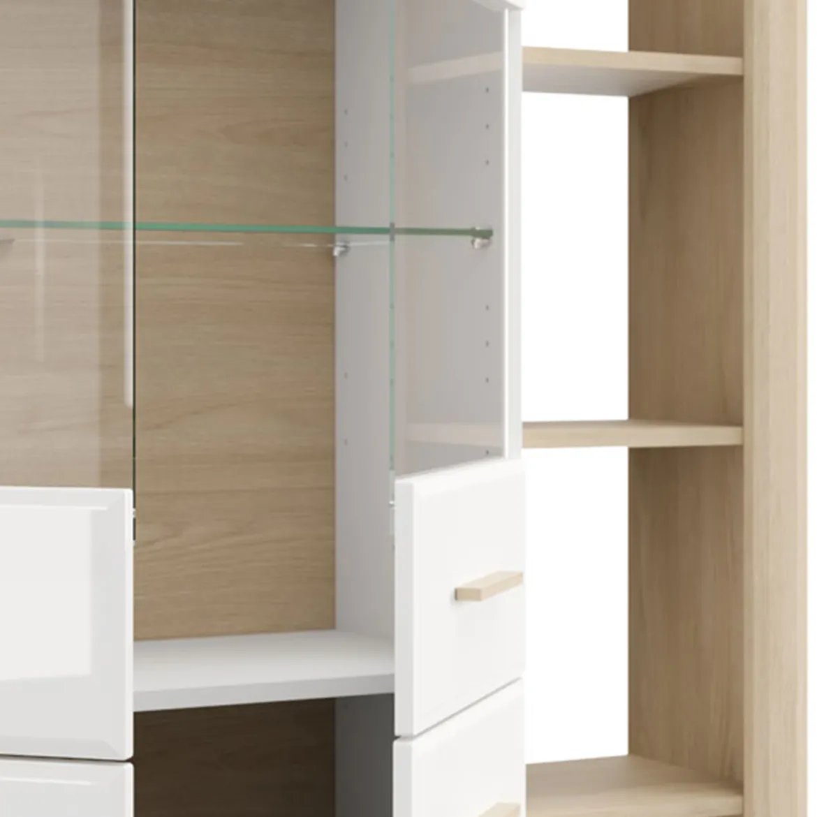 Vetrina Marrone Rovere Bianco Opaco 3 Ripiani 4 Ante 113x35x157h cm, con Piedini, Anta e Ripiano Dettaglio Vetro - Niel