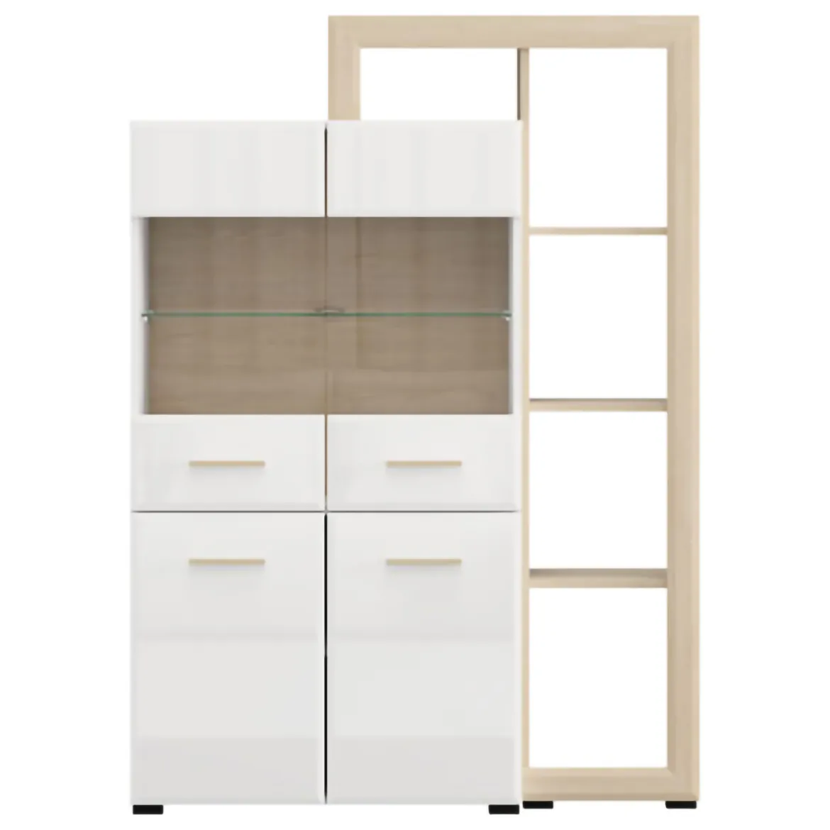 Vetrina Marrone Rovere Bianco Opaco 3 Ripiani 4 Ante 113x35x157h cm, con Piedini, Anta e Ripiano Dettaglio Vetro - Niel