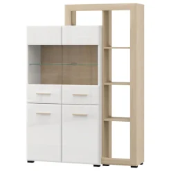 Vetrina Marrone Rovere Bianco Opaco 3 Ripiani 4 Ante 113x35x157h cm, con Piedini, Anta e Ripiano Dettaglio Vetro - Niel