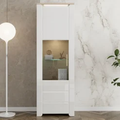 Vetrina Marrone Rovere Bianco Opaco 5 Ripiani Un'anta 64x35x194h cm, Anta e Ripiano Dettaglio Vetro - Cibiana
