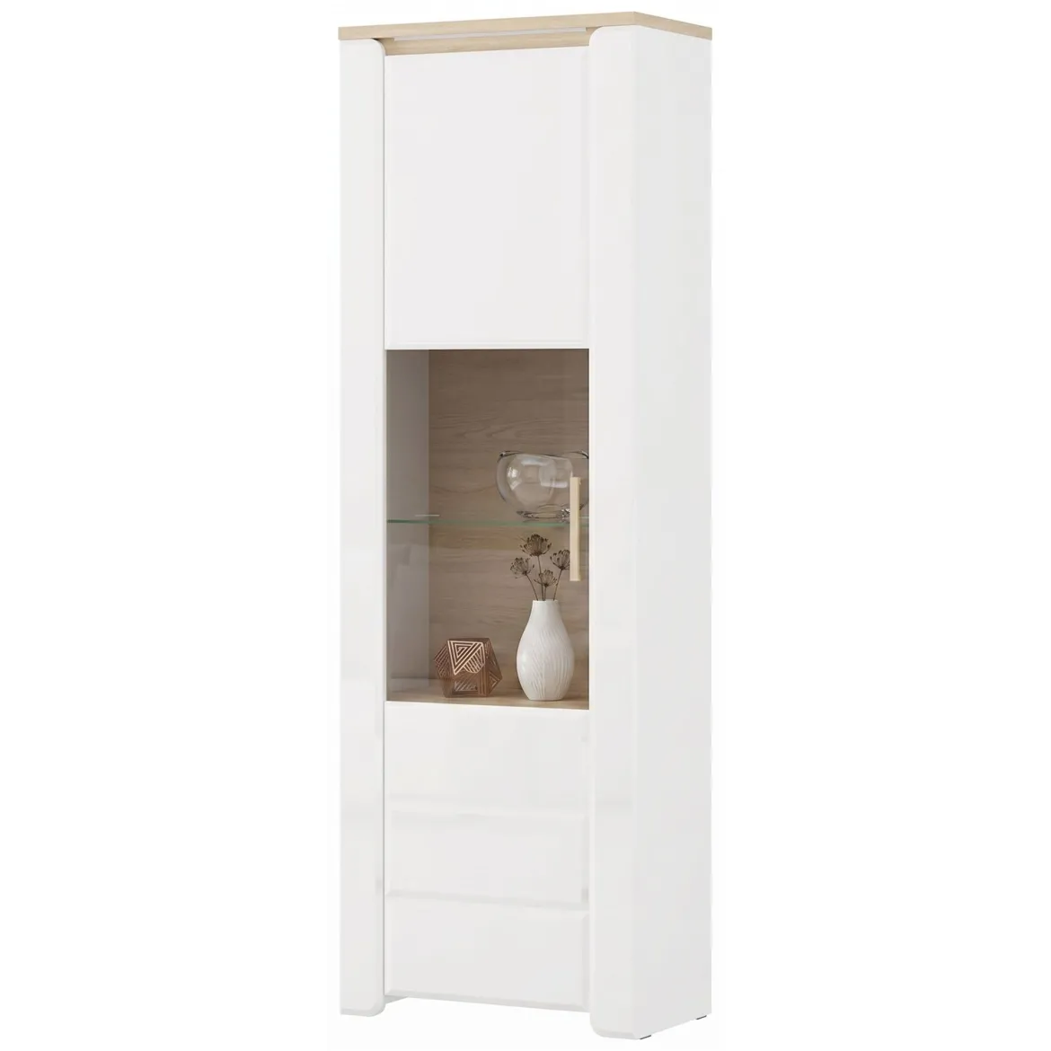 Vetrina Marrone Rovere Bianco Opaco 5 Ripiani Un'anta 64x35x194h cm, Anta e Ripiano Dettaglio Vetro - Cibiana