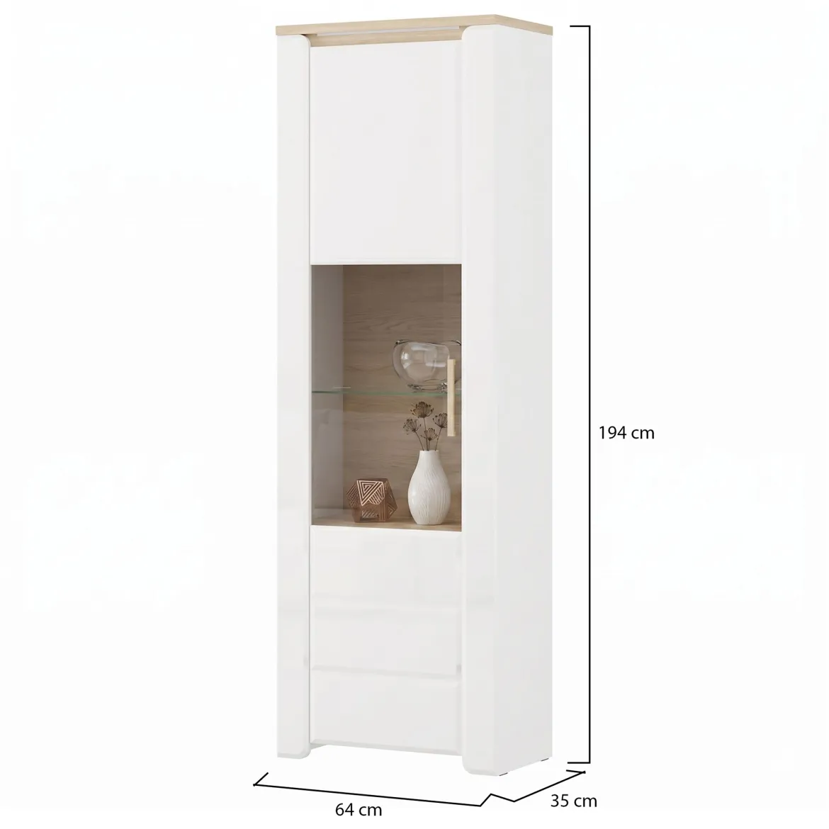 Vetrina Marrone Rovere Bianco Opaco 5 Ripiani Un'anta 64x35x194h cm, Anta e Ripiano Dettaglio Vetro - Cibiana