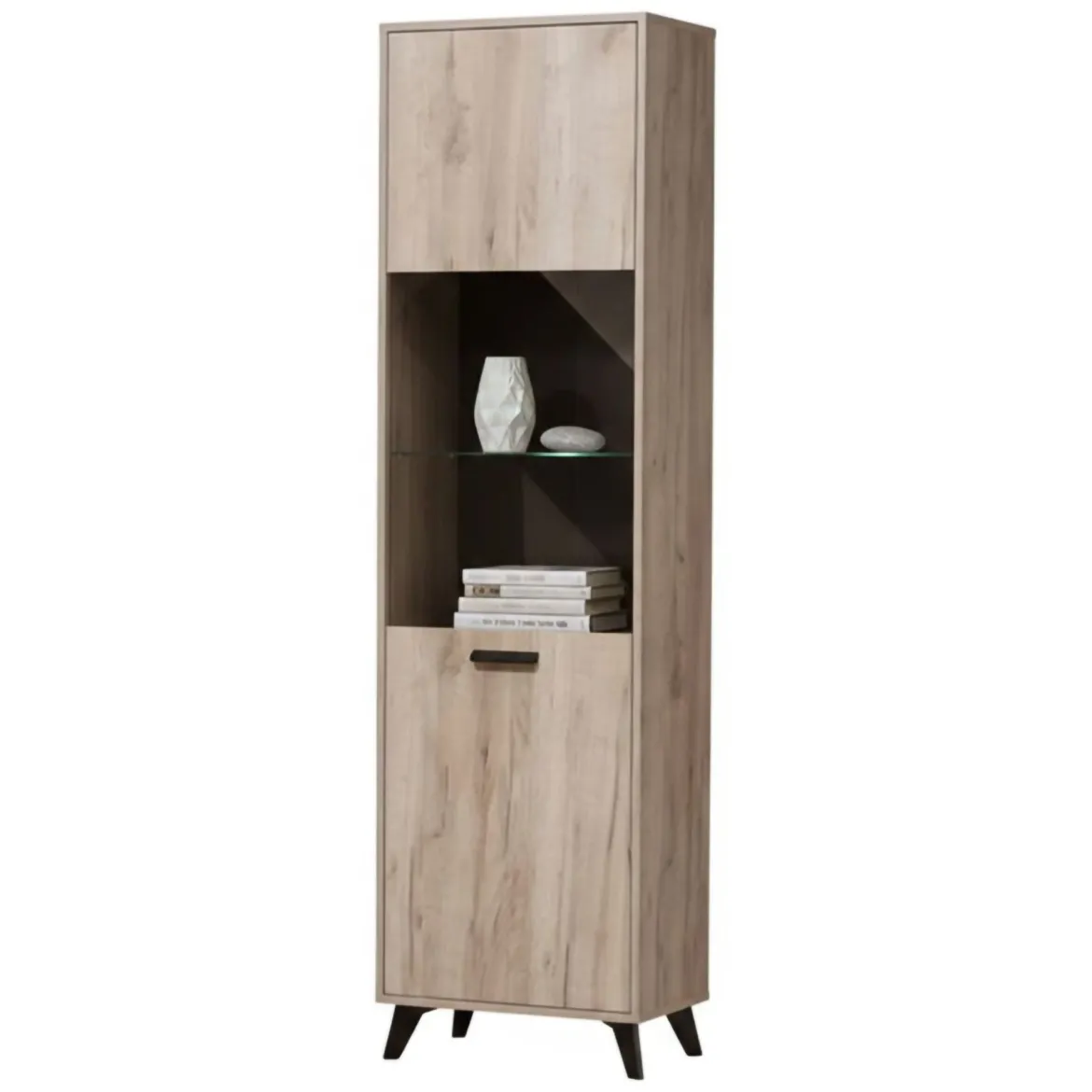 Vetrina Marrone Rovere Chiaro Nero 4 Ripiani Apertura Battente 53.5x33x191.5h cm, Un'anta - Raggiolo