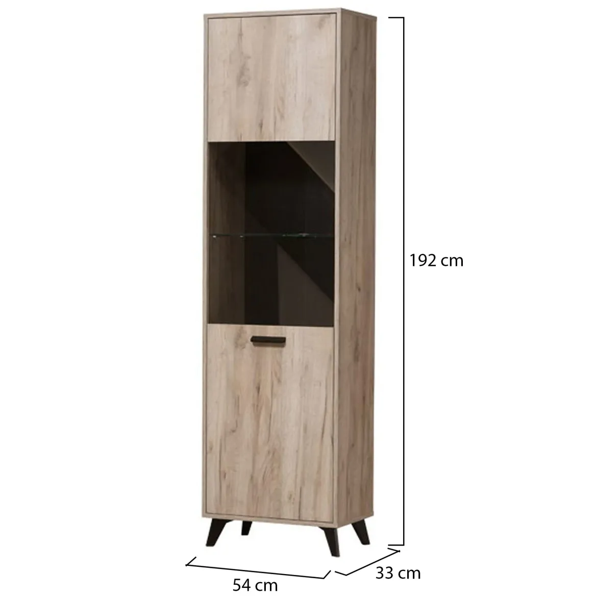 Vetrina Marrone Rovere Chiaro Nero 4 Ripiani Apertura Battente 53.5x33x191.5h cm, Un'anta - Raggiolo