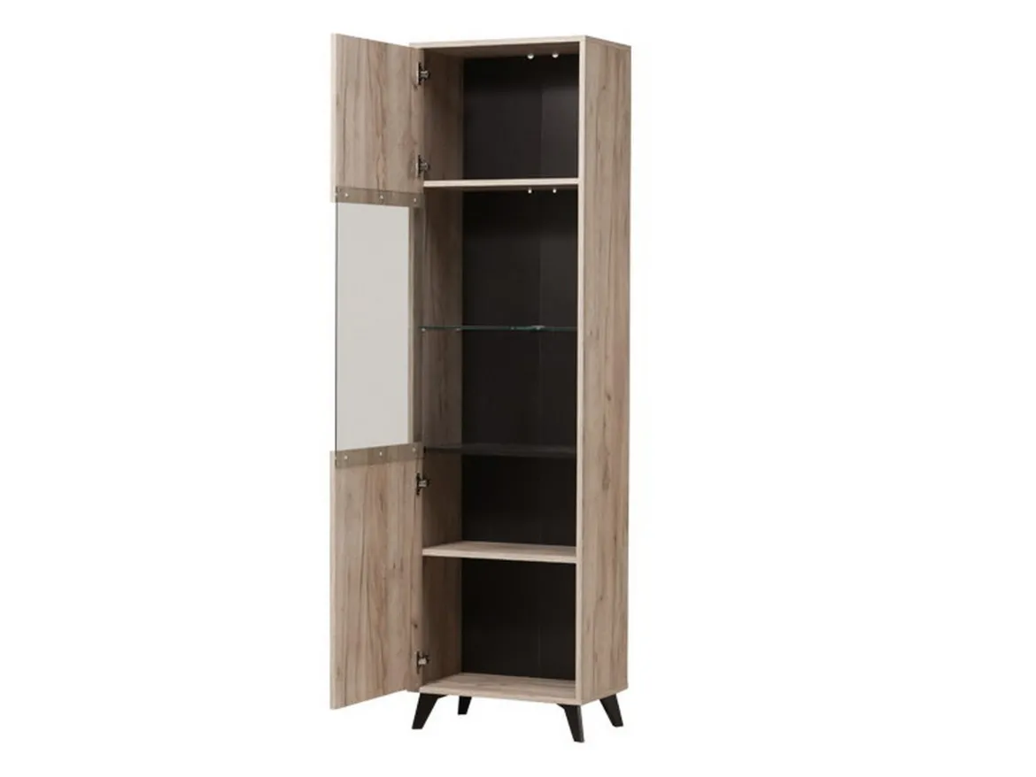 Vetrina Marrone Rovere Chiaro Nero 4 Ripiani Apertura Battente 53.5x33x191.5h cm, Un'anta - Raggiolo