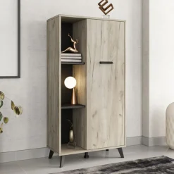 Vetrina Marrone Rovere Chiaro Nero 4 Ripiani Un'anta 67.5x33x130.5h cm, 6 Vani - Dolzago