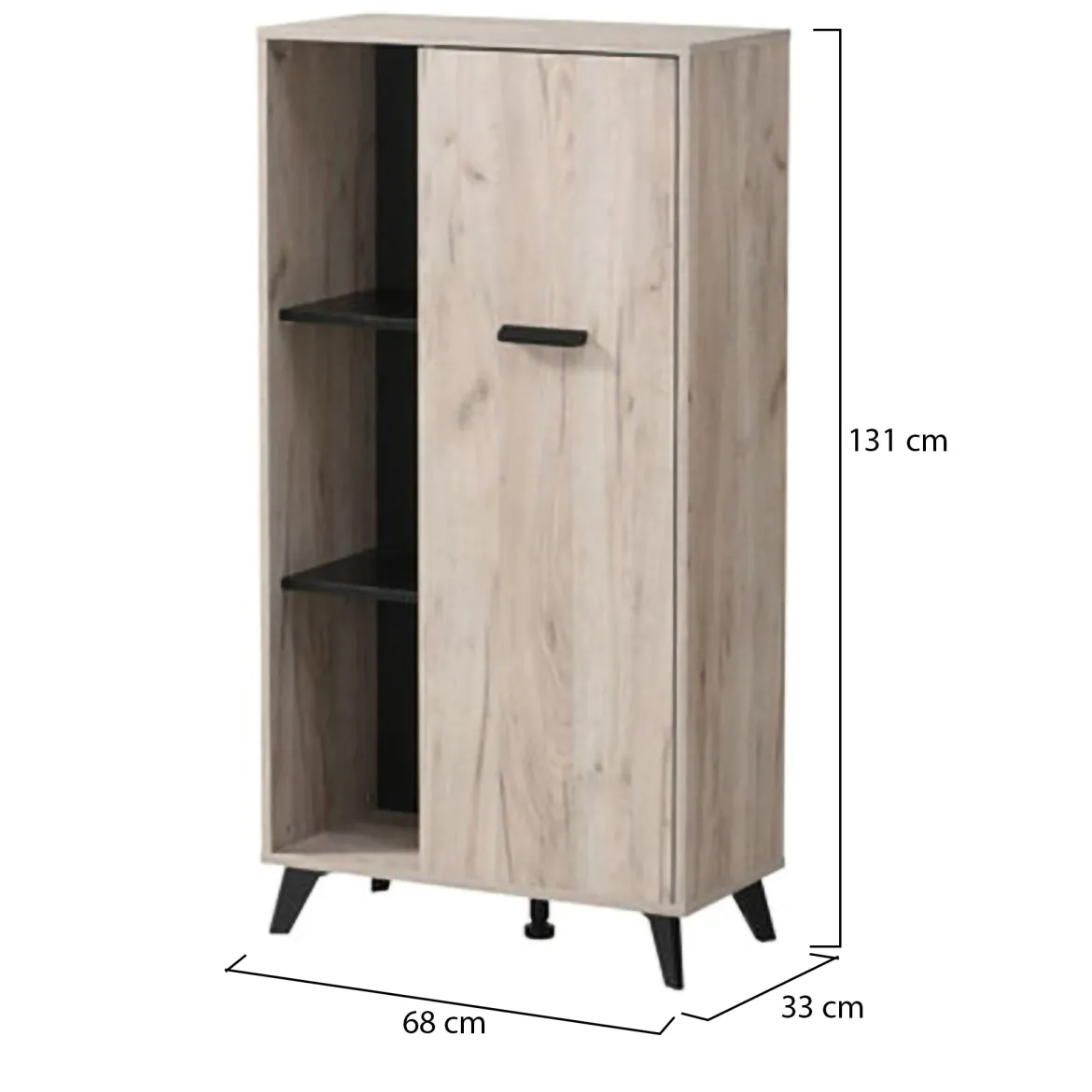 Vetrina Marrone Rovere Chiaro Nero 4 Ripiani Un'anta 67.5x33x130.5h cm, 6 Vani - Dolzago