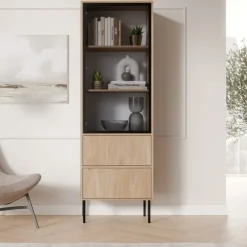 Vetrina Marrone Rovere Nero 2 Ripiani 2 Cassetti 60x40x185h cm, Un'anta - Zanica